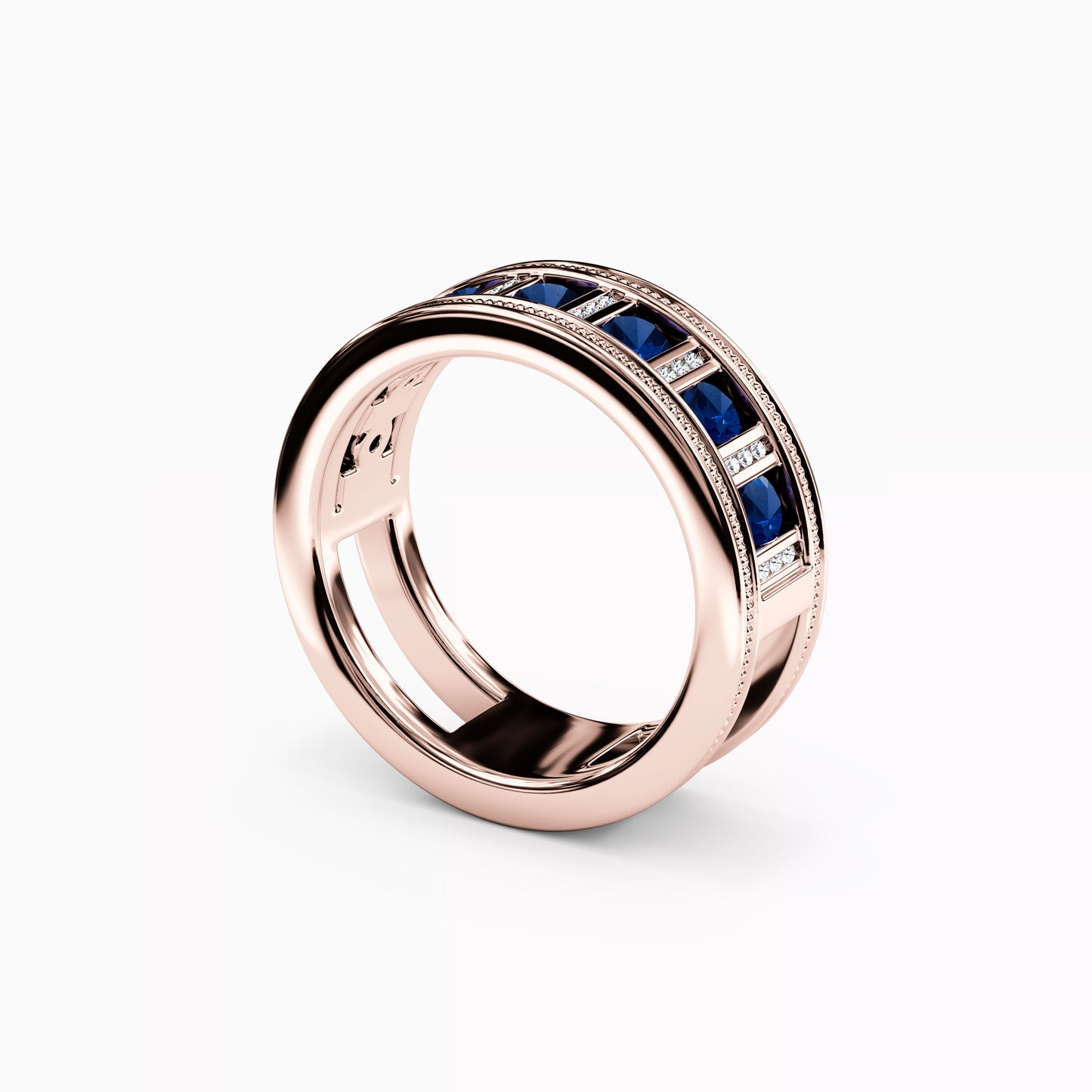Channel Set Detailed Edge Ring in 14K Gold With Sapphires And Diamonds