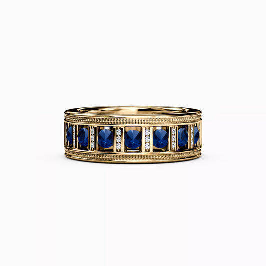 Channel Set Detailed Edge Ring in 14K Gold With Sapphires And Diamonds