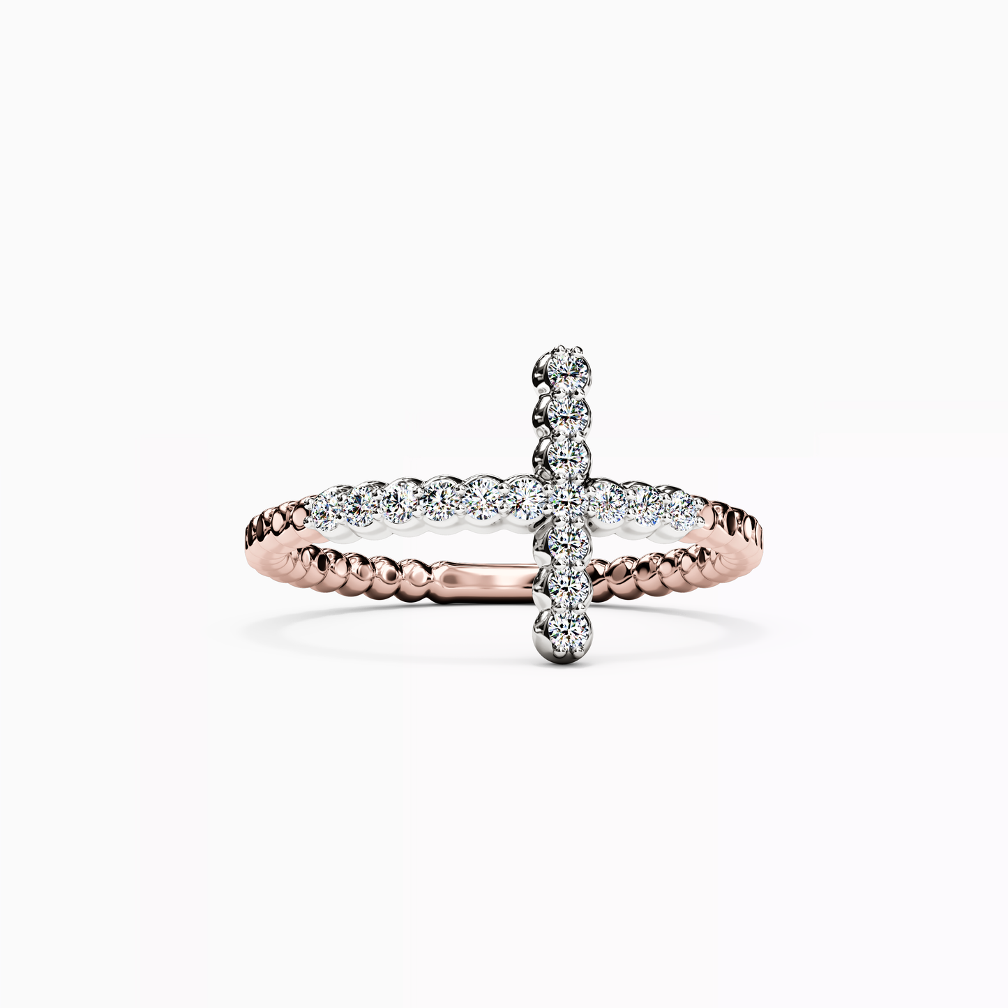 Two-Tone Beaded Pattern Cross Ring in 14K Gold And Platinum With Diamonds