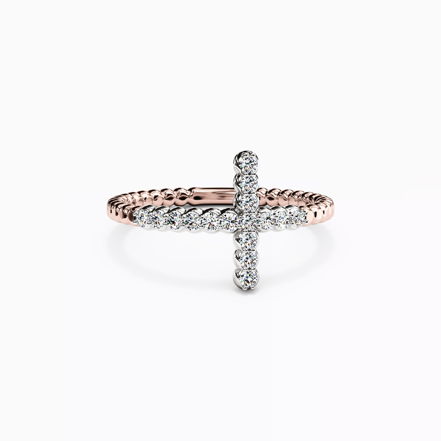 Two-Tone Beaded Pattern Cross Ring in 14K Gold And Platinum With Diamonds