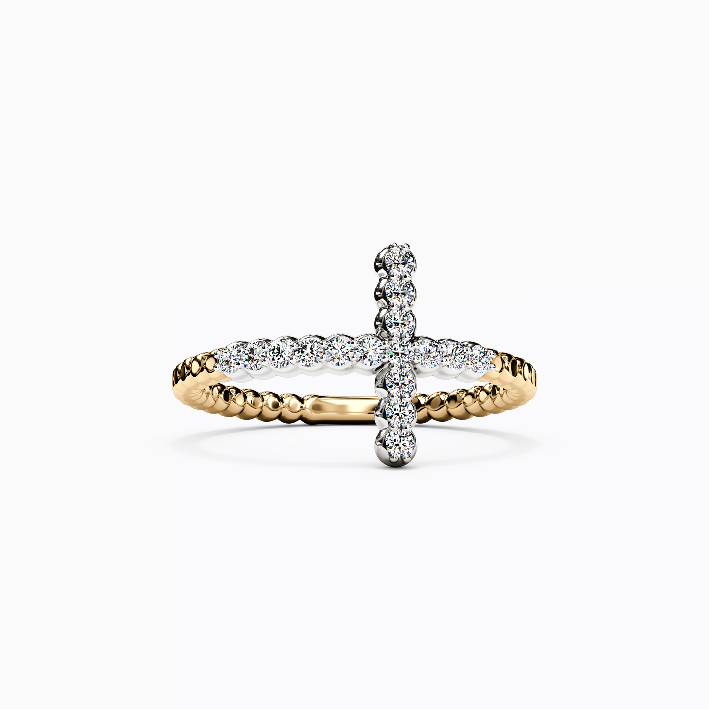 Two-Tone Beaded Pattern Cross Ring in 14K Gold And Platinum With Diamonds