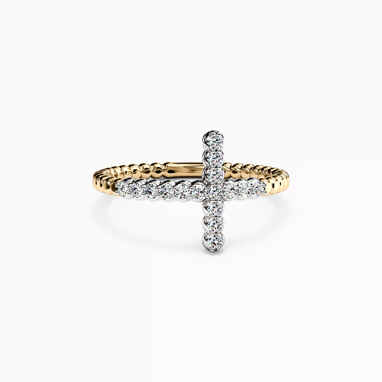 Two-Tone Beaded Pattern Cross Ring in 14K Gold And Platinum With Diamonds