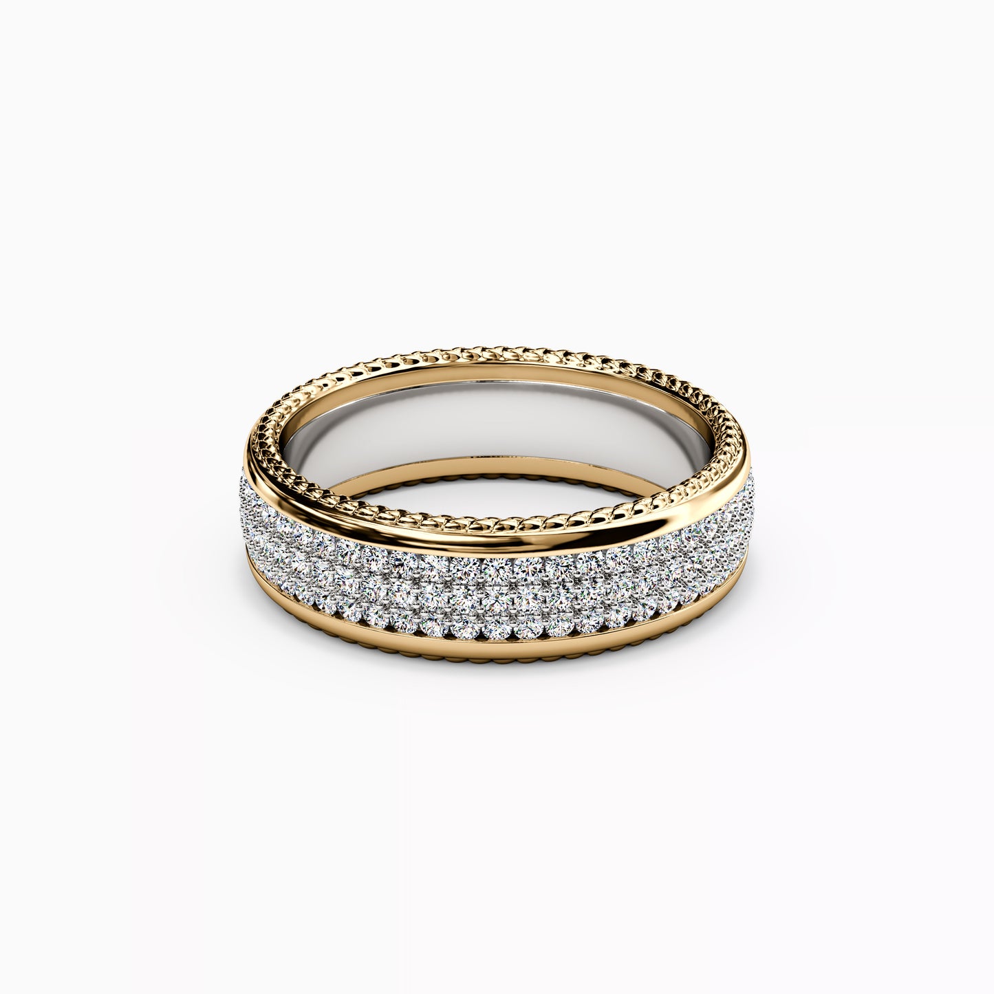 Two-Tone Shared Prong and Detailed Edge Ring in 14K Gold With Diamonds