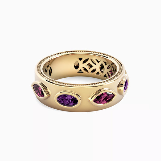 Milgrain Alternating Amethyst and Rhodolite Ring in 18K Gold
