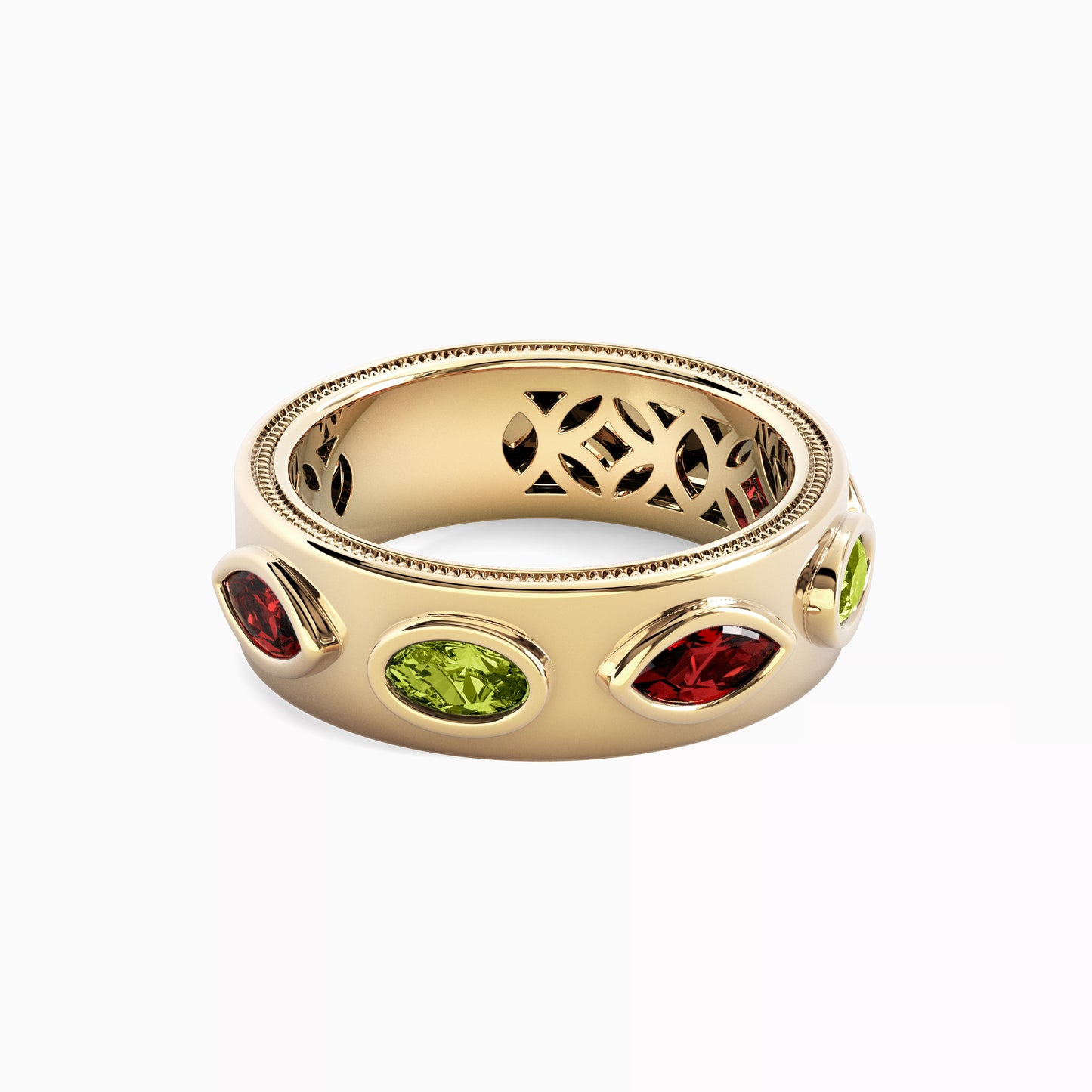 Milgrain Alternating Garnet and Peridot Ring in 18K Gold