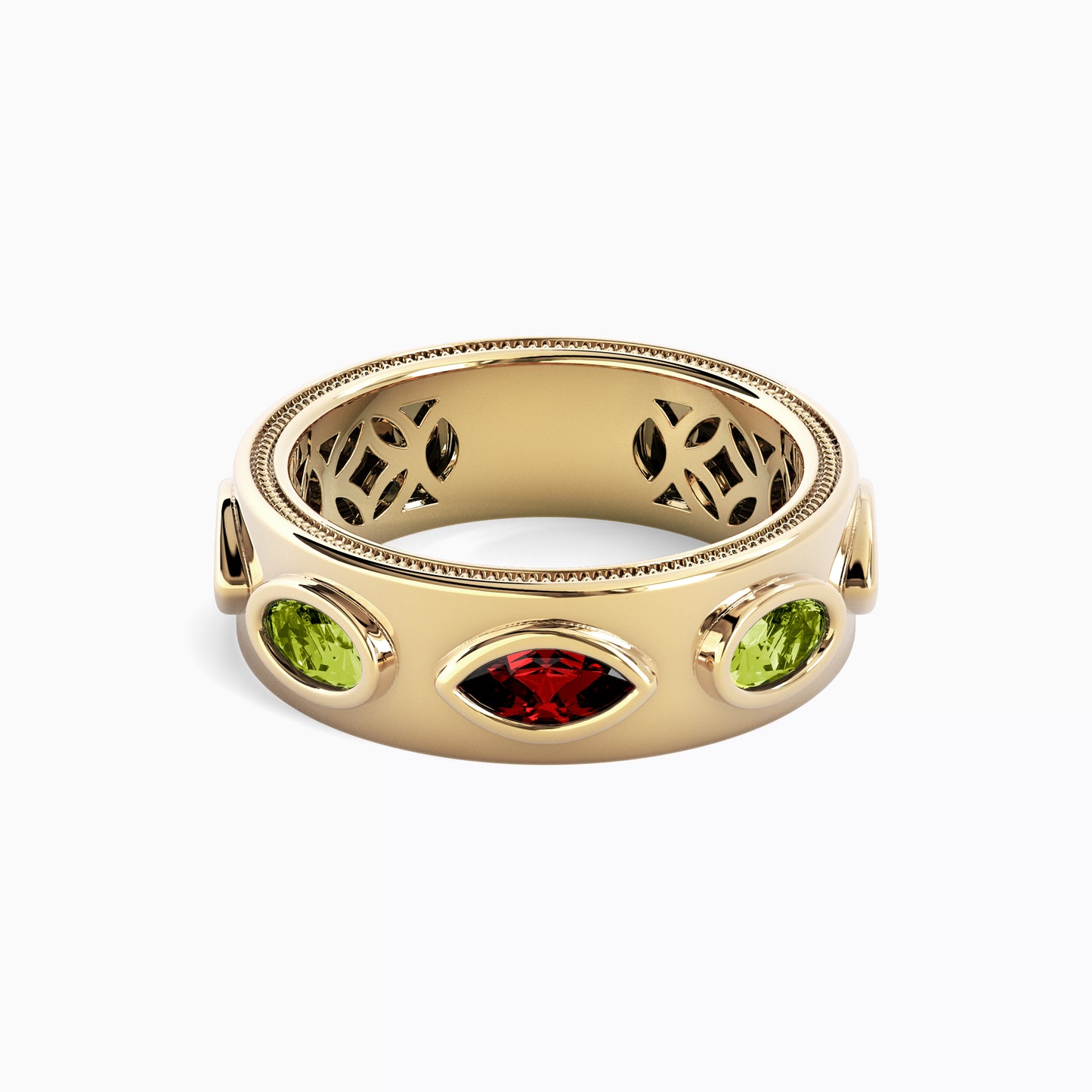 Milgrain Alternating Garnet and Peridot Ring in 18K Gold
