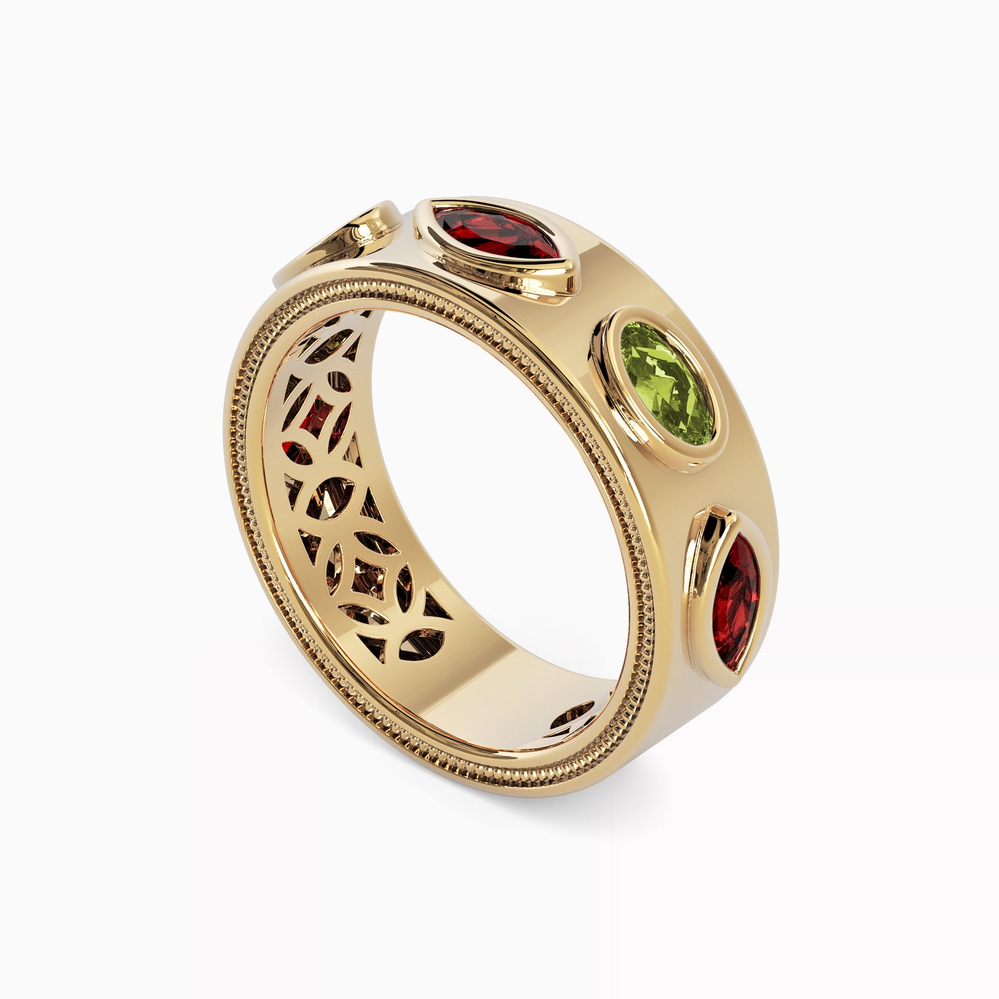 Milgrain Alternating Garnet and Peridot Ring in 18K Gold