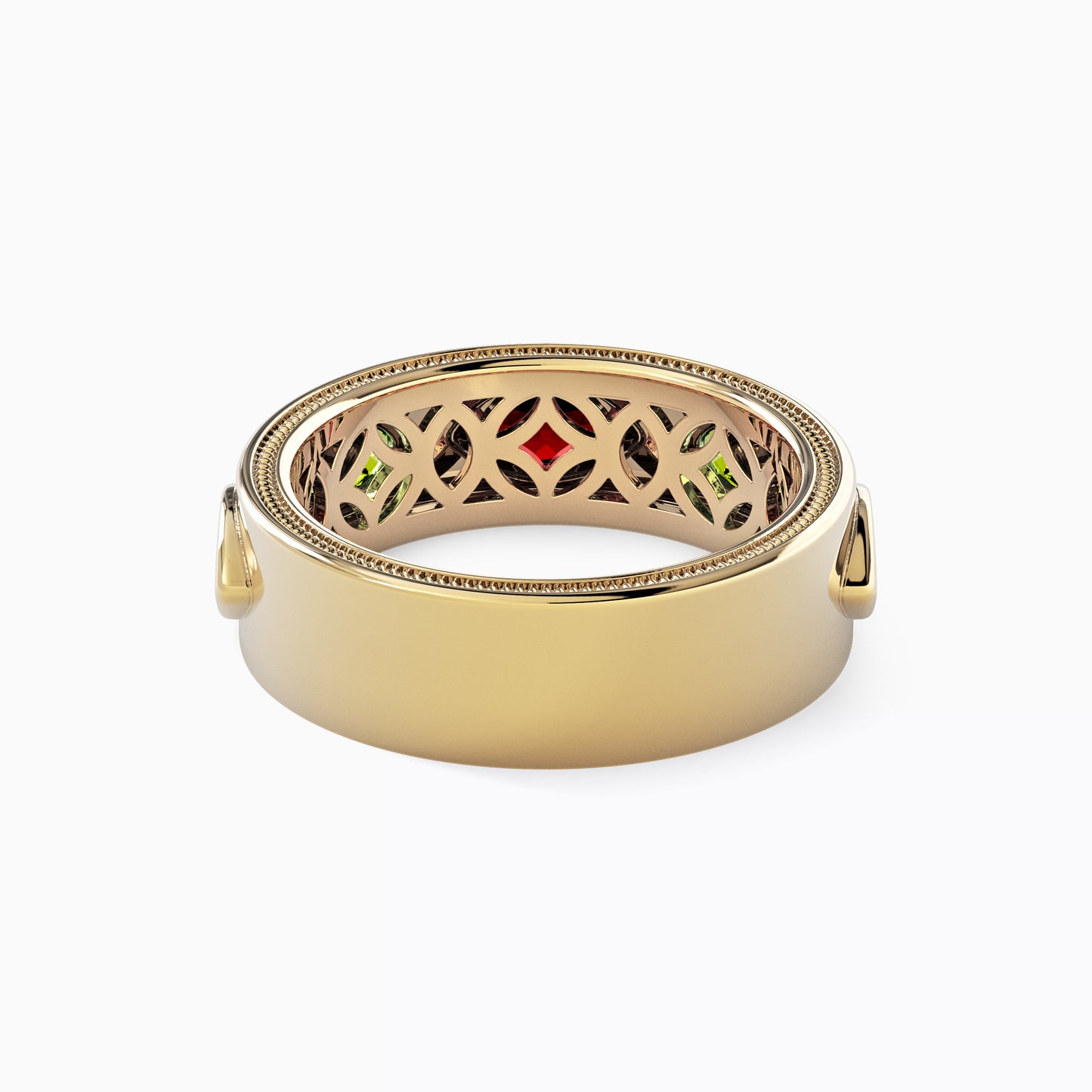 Milgrain Alternating Garnet and Peridot Ring in 18K Gold