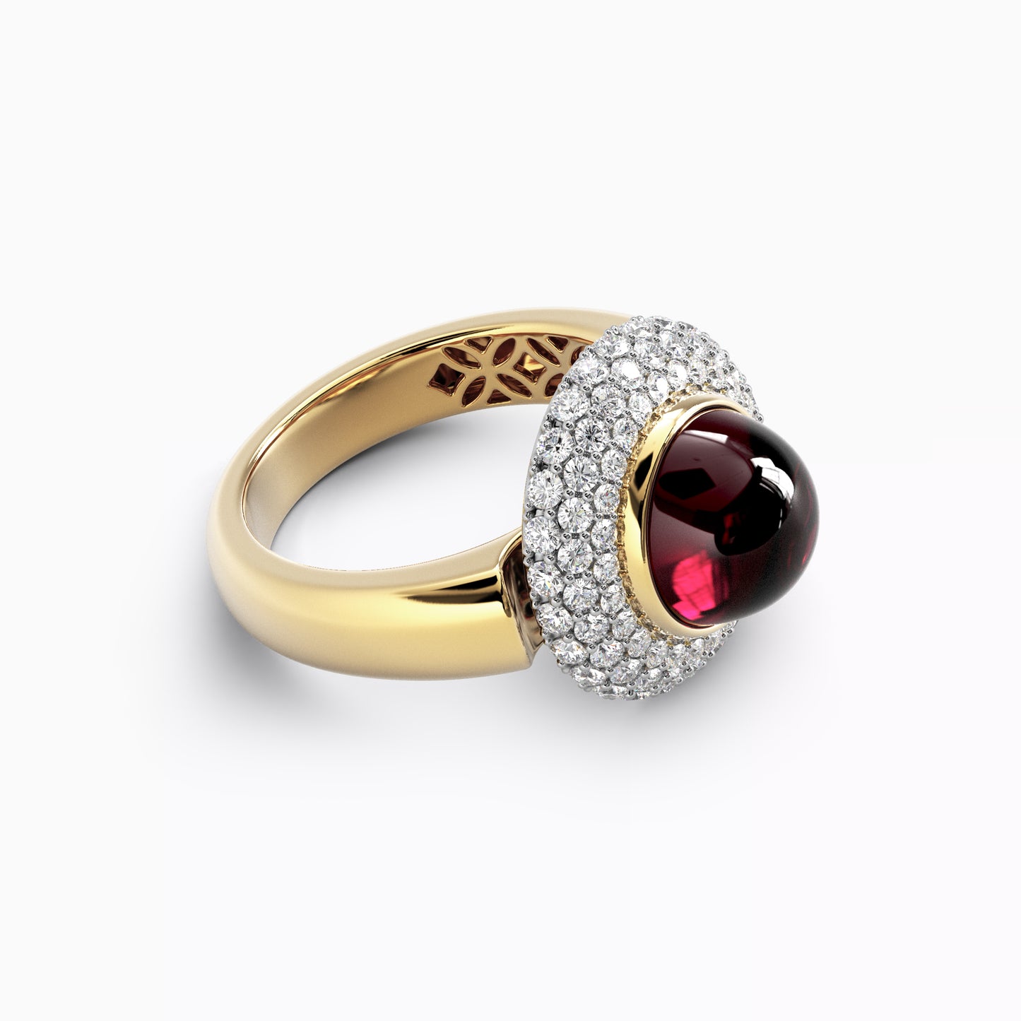Puffed Diamond Halo Rhodolite Ring in 18 Karat Gold and Platinum