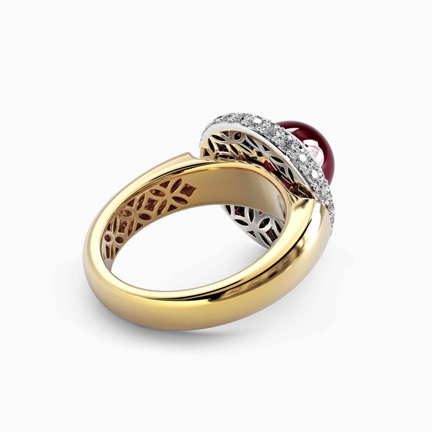 Puffed Diamond Halo Rhodolite Ring in 18 Karat Gold and Platinum