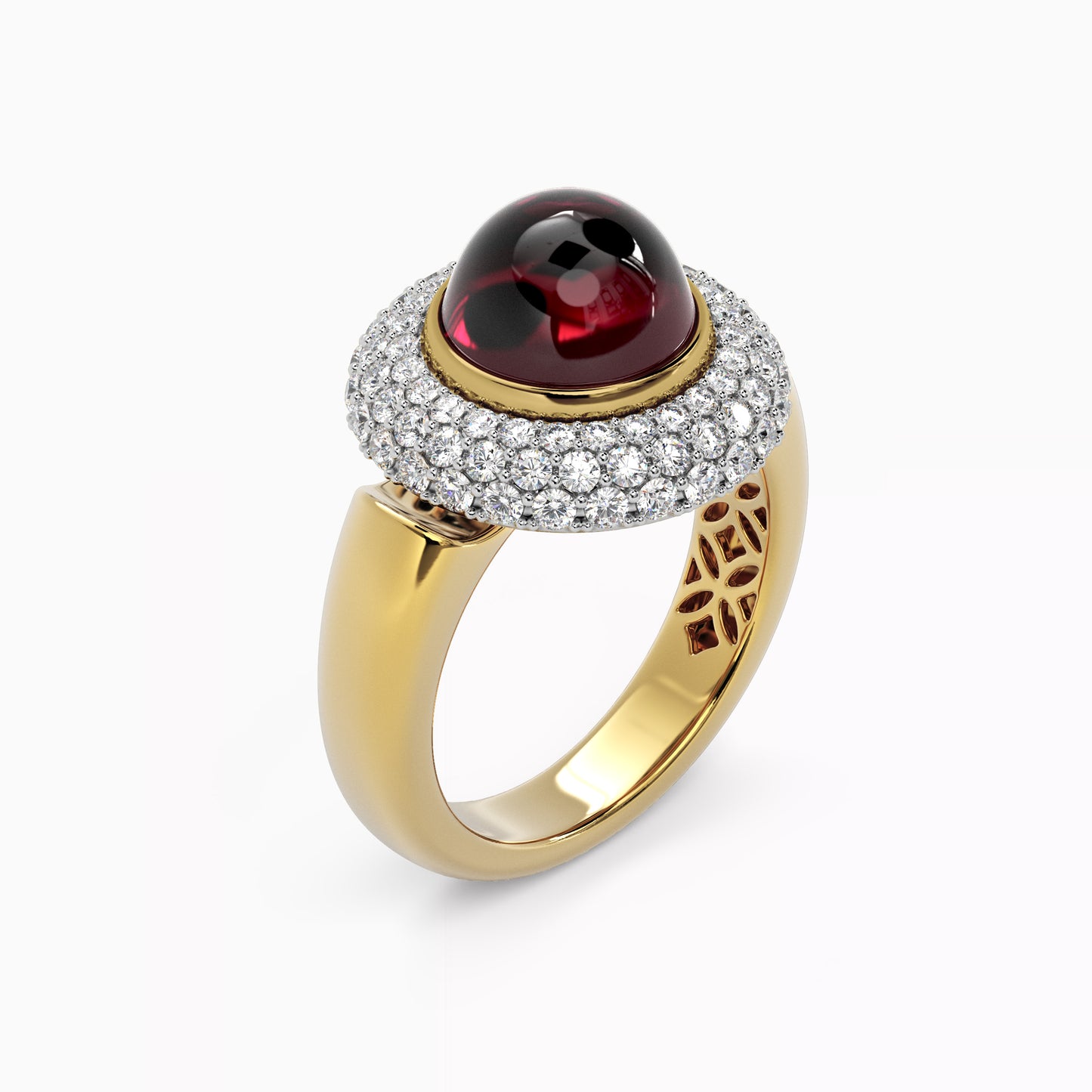 Puffed Diamond Halo Rhodolite Ring in 18 Karat Gold and Platinum