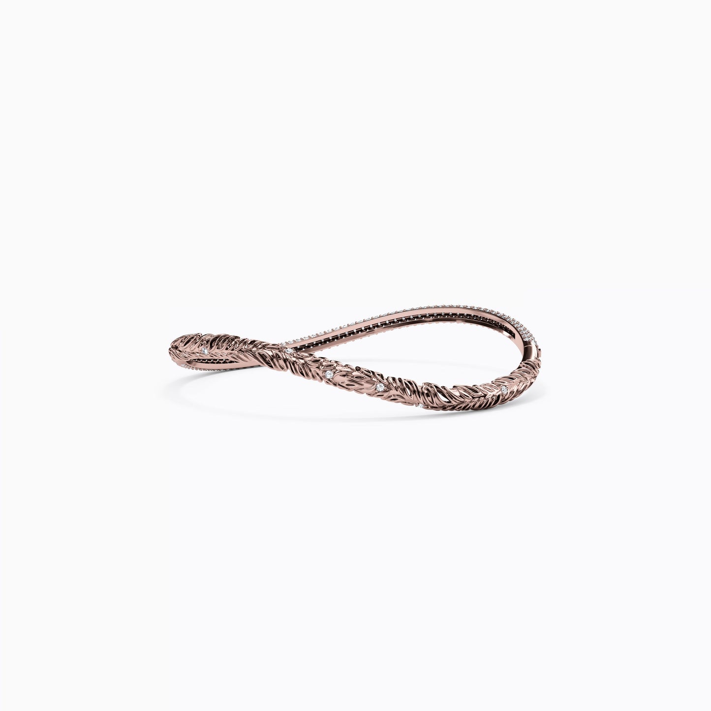 Asymmetric Diamond Row Twist & Detailing Bangle in 14K Gold