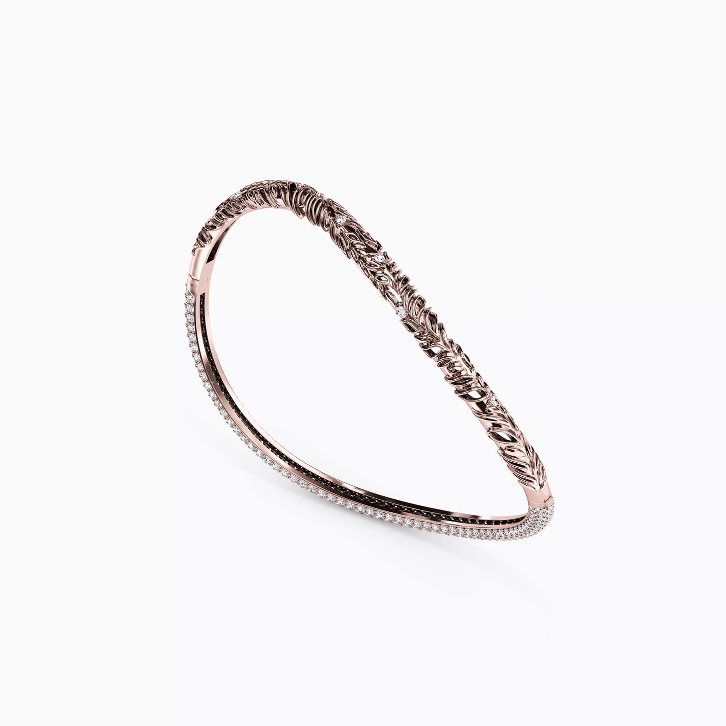 Asymmetric Diamond Row Twist & Detailing Bangle in 14K Gold