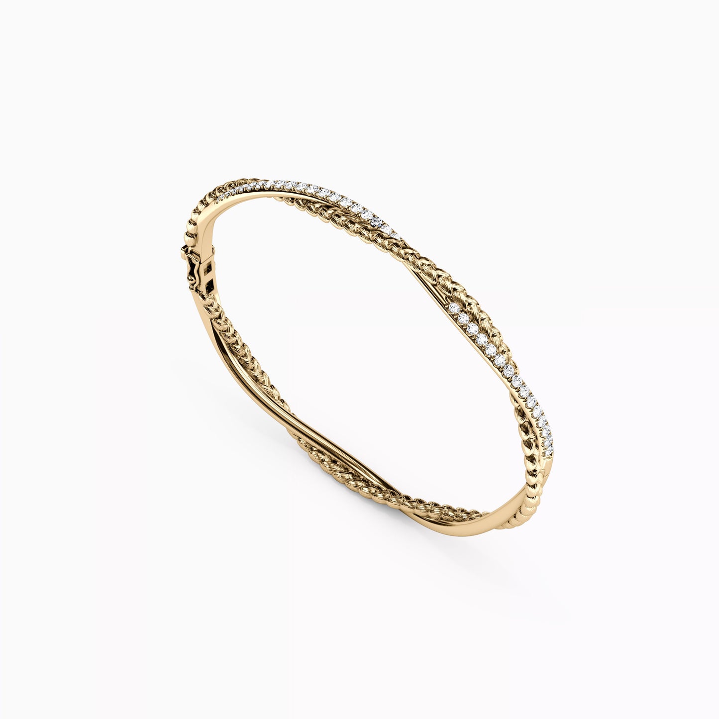 Diamond and Wheat Twist Hinged Bracelet in 14K Gold