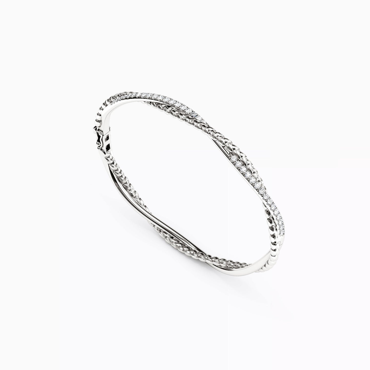 Diamond and Wheat Twist Hinged Bracelet in 14K Gold