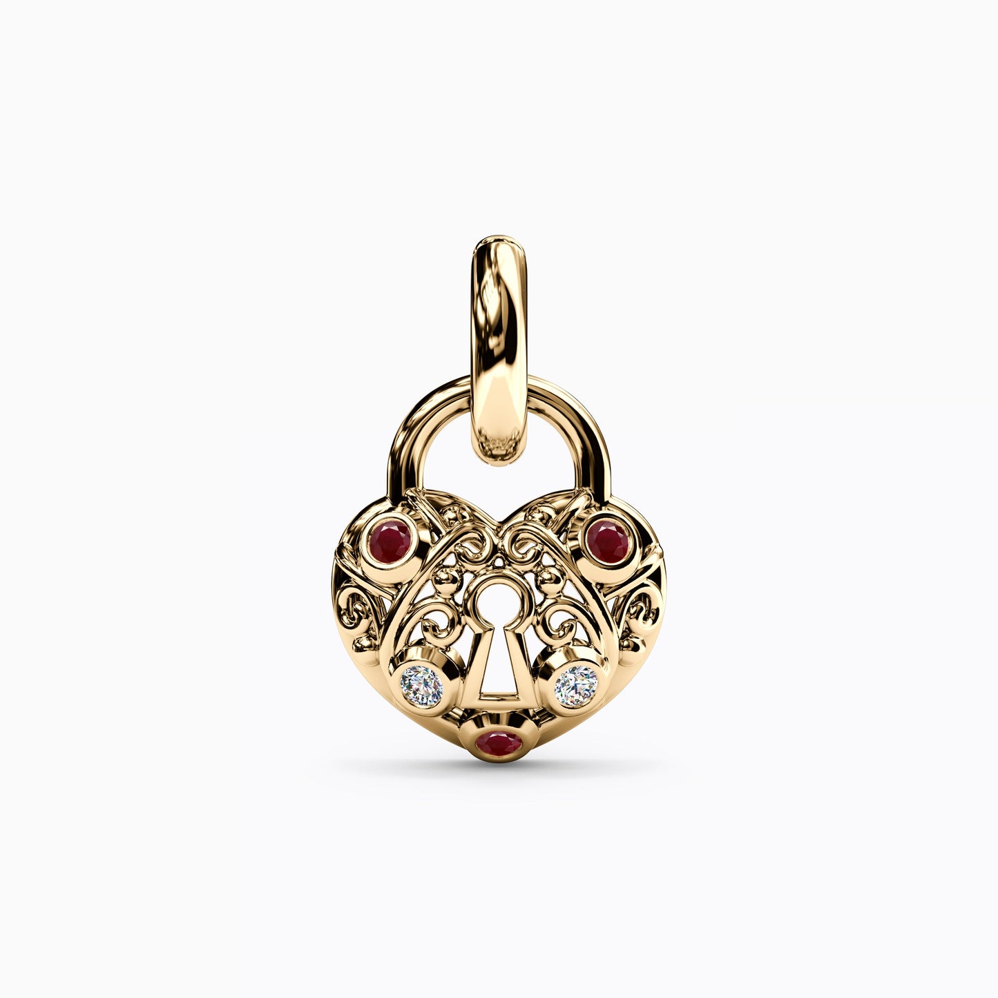 Ruby and Diamond Heart Lock Charm in 14K Gold