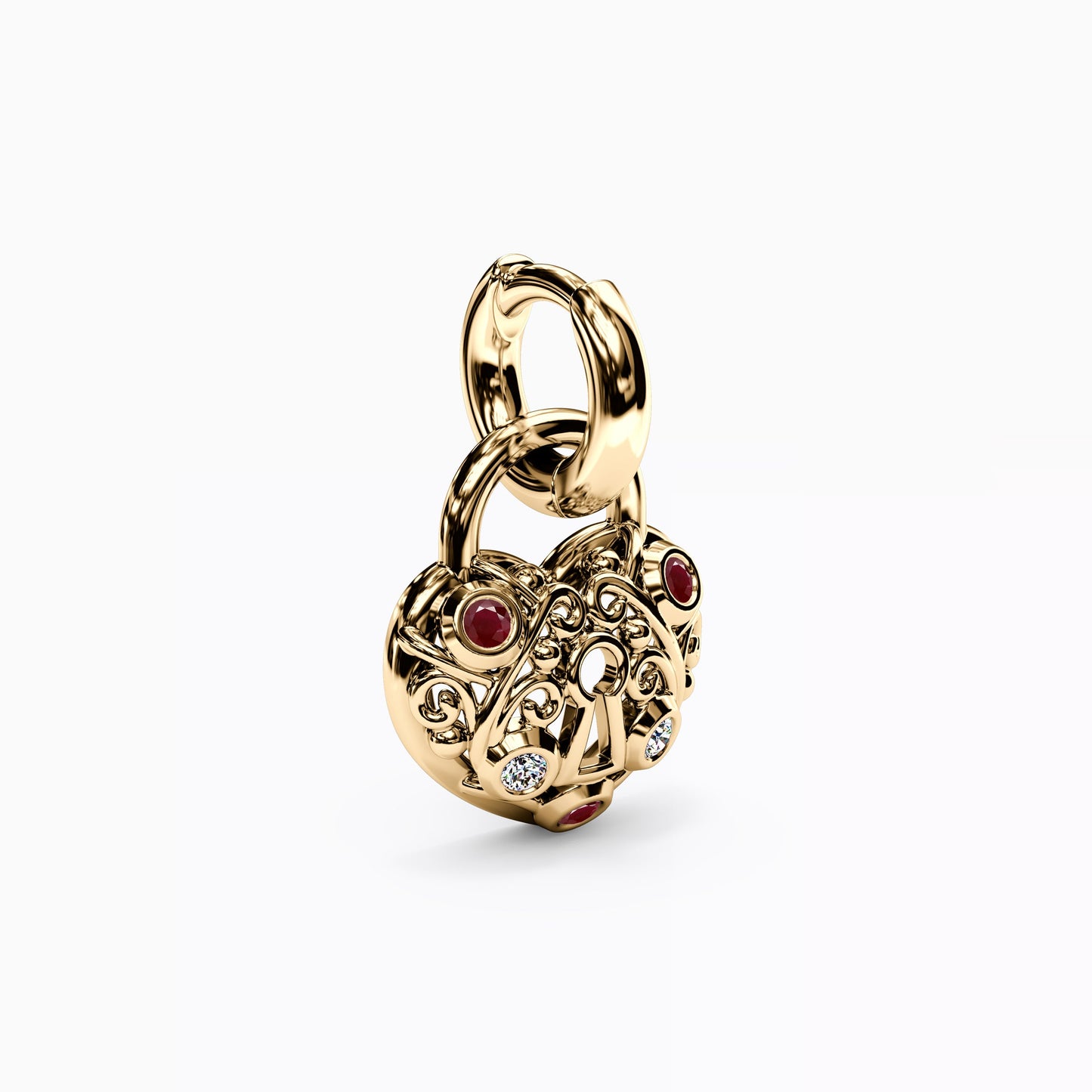 Ruby and Diamond Heart Lock Charm in 14K Gold