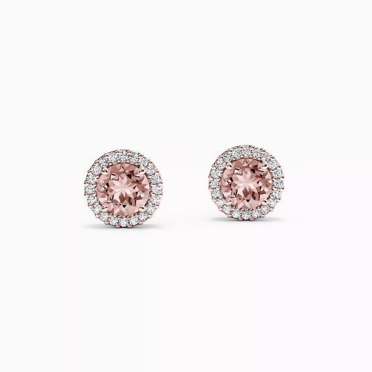 Halo Morganite and Diamond Stud Earrings in 14K Gold