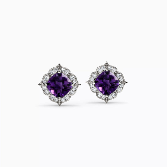Amethyst Rosette Halo Diamond Earrings in 14K Gold