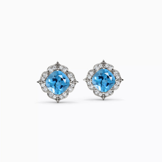Swiss Blue Topaz Rosette Halo Earrings in 14K Gold