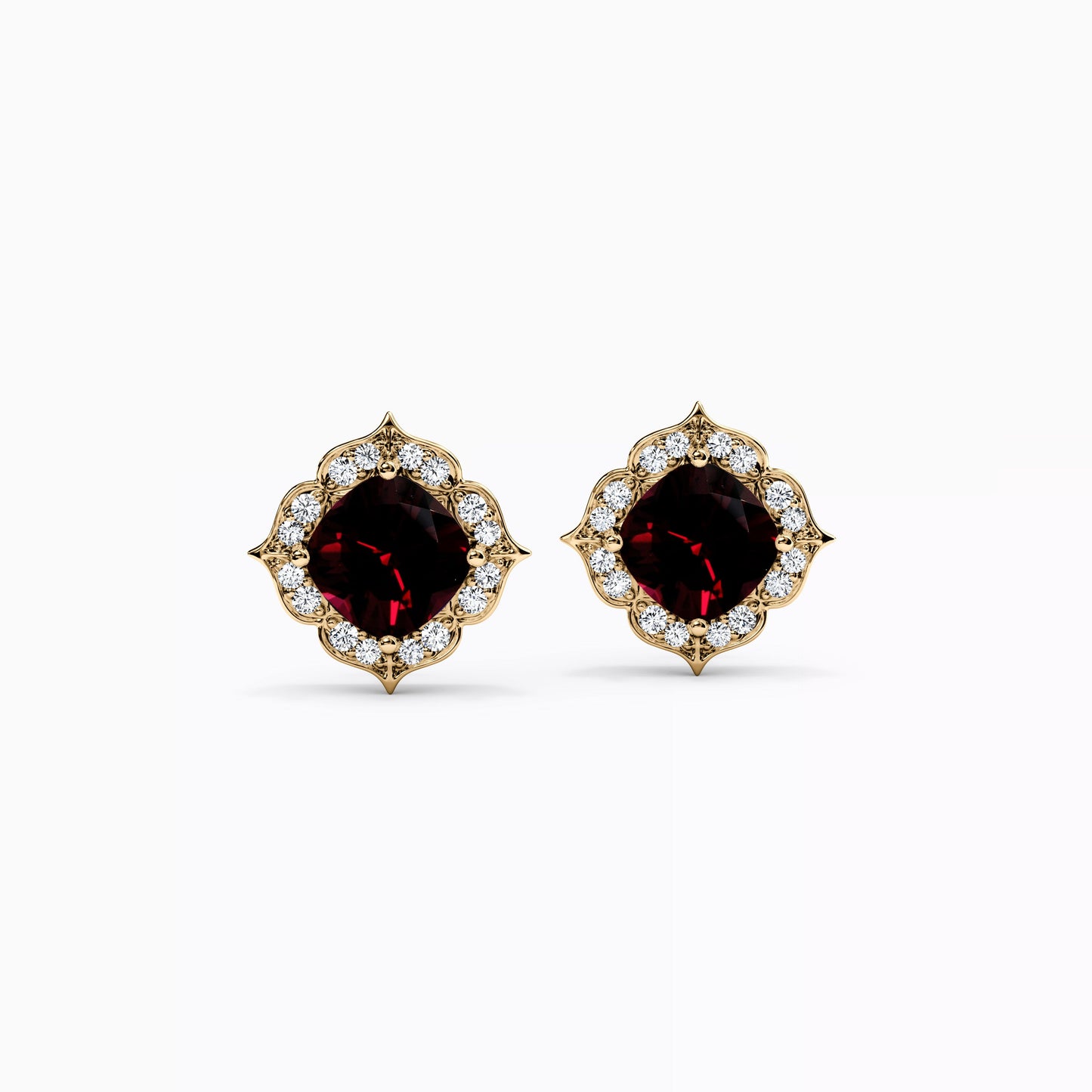 Garnet Rosette Halo Diamond Earrings in 14K Gold