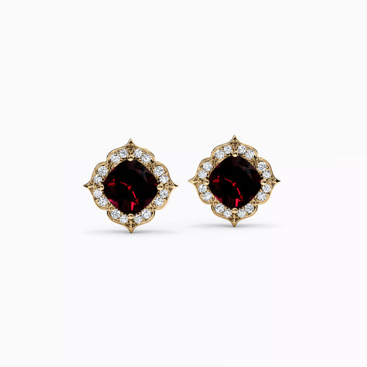Garnet Rosette Halo Diamond Earrings in 14K Gold