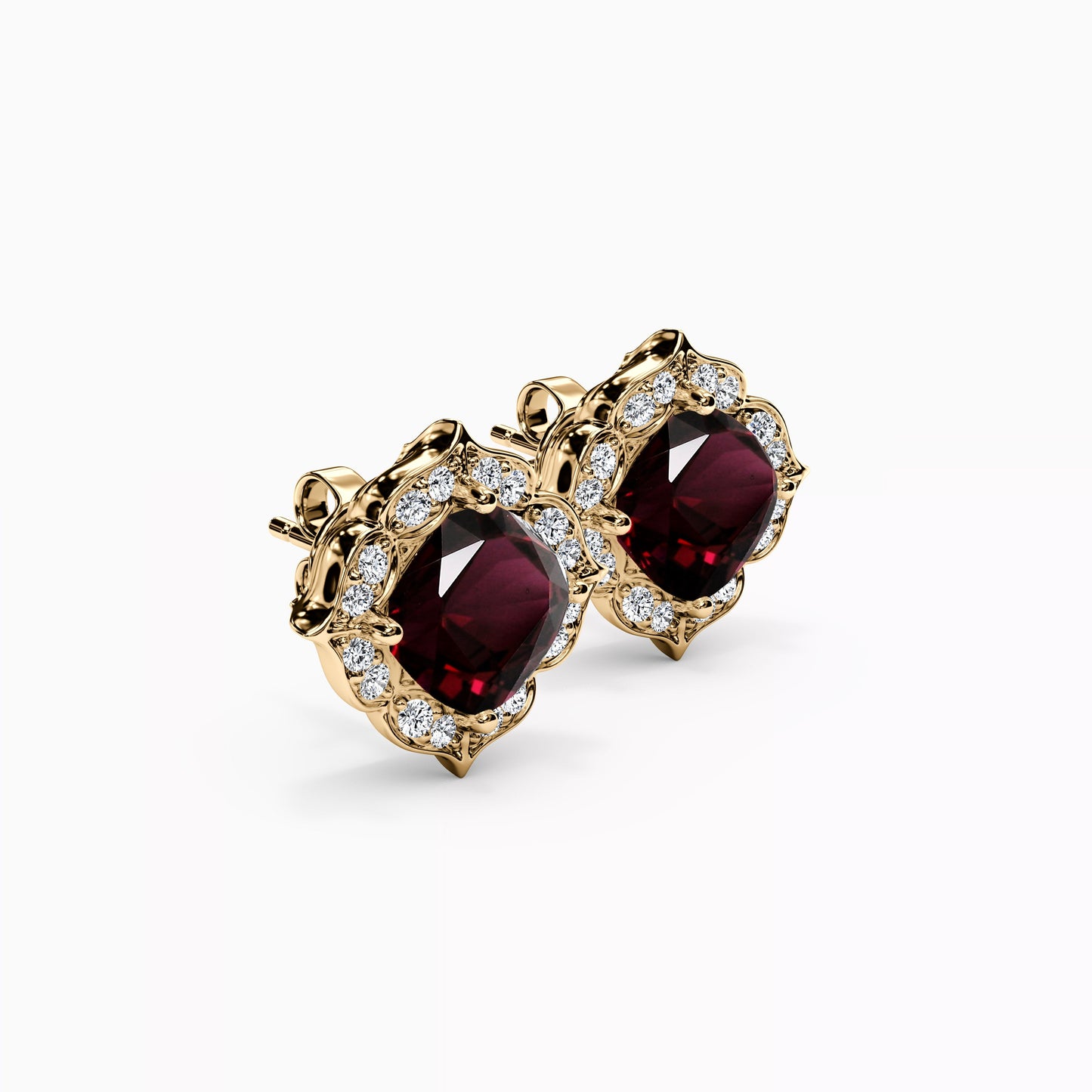 Garnet Rosette Halo Diamond Earrings in 14K Gold