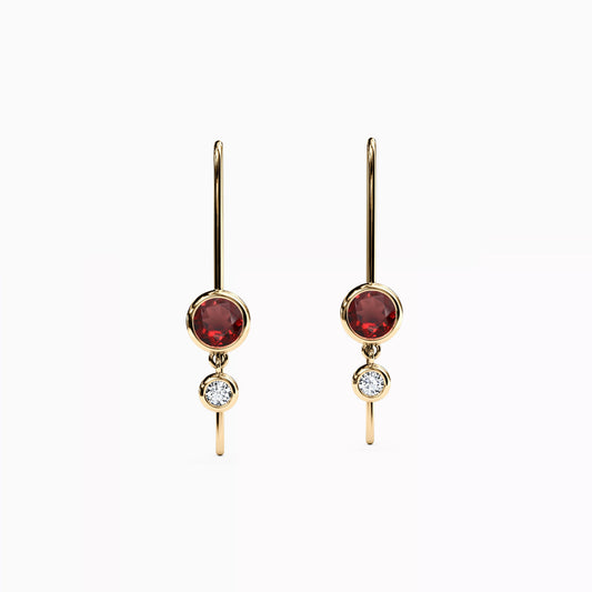 Garnet & Diamond Bezel Drop Hook Earrings in 14K Gold
