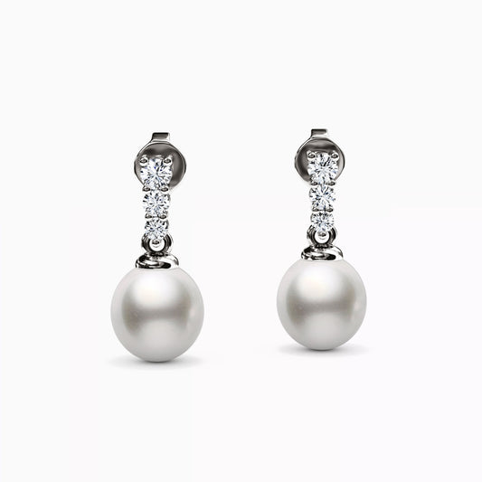 Diamond Bar & Akoya Drop Pearl Earrings in 14K Gold