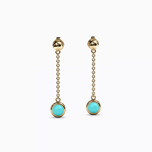 Turquoise Bezel Ball Chain Drop Earrings in 14K Gold
