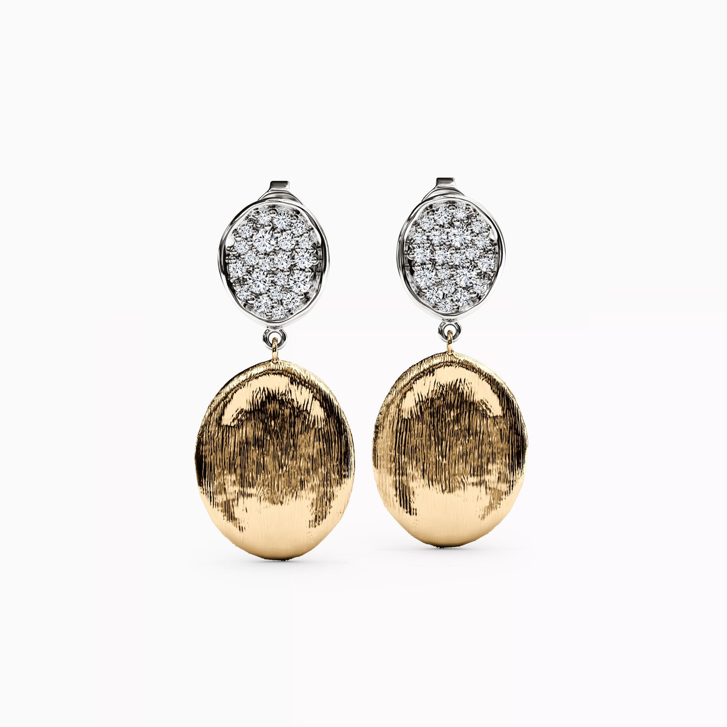 Diamond Cluster and Bean Drop Two-Tone Stud Earrings in 14K Gold