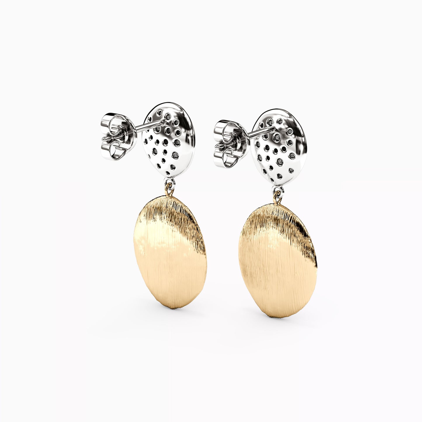 Diamond Cluster and Bean Drop Two-Tone Stud Earrings in 14K Gold