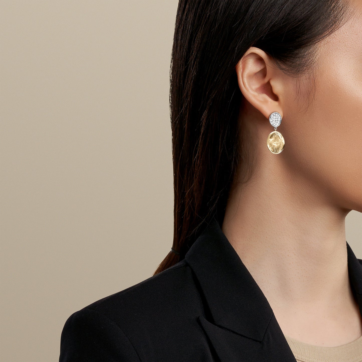 Diamond Cluster and Bean Drop Two-Tone Stud Earrings in 14K Gold