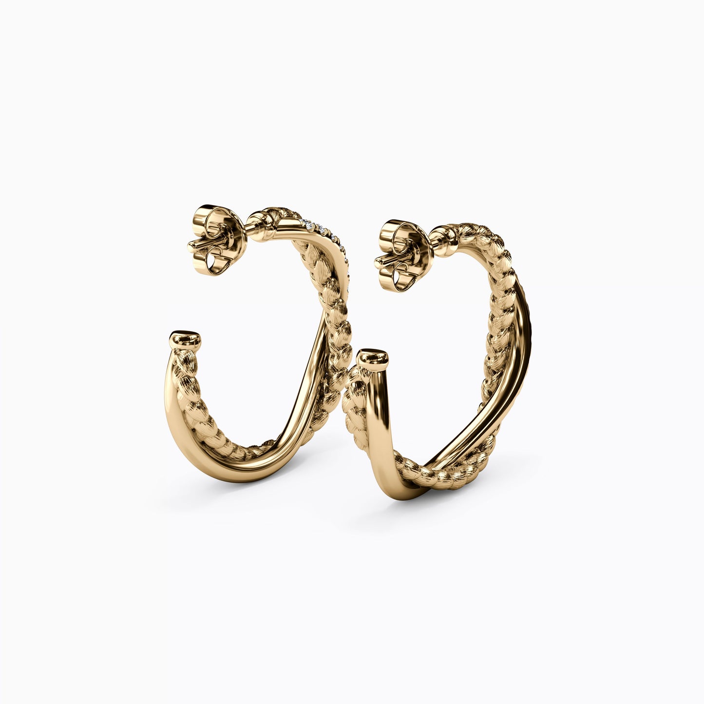 Diamond and Wheat Twist Hoop Earrings in 14K Gold