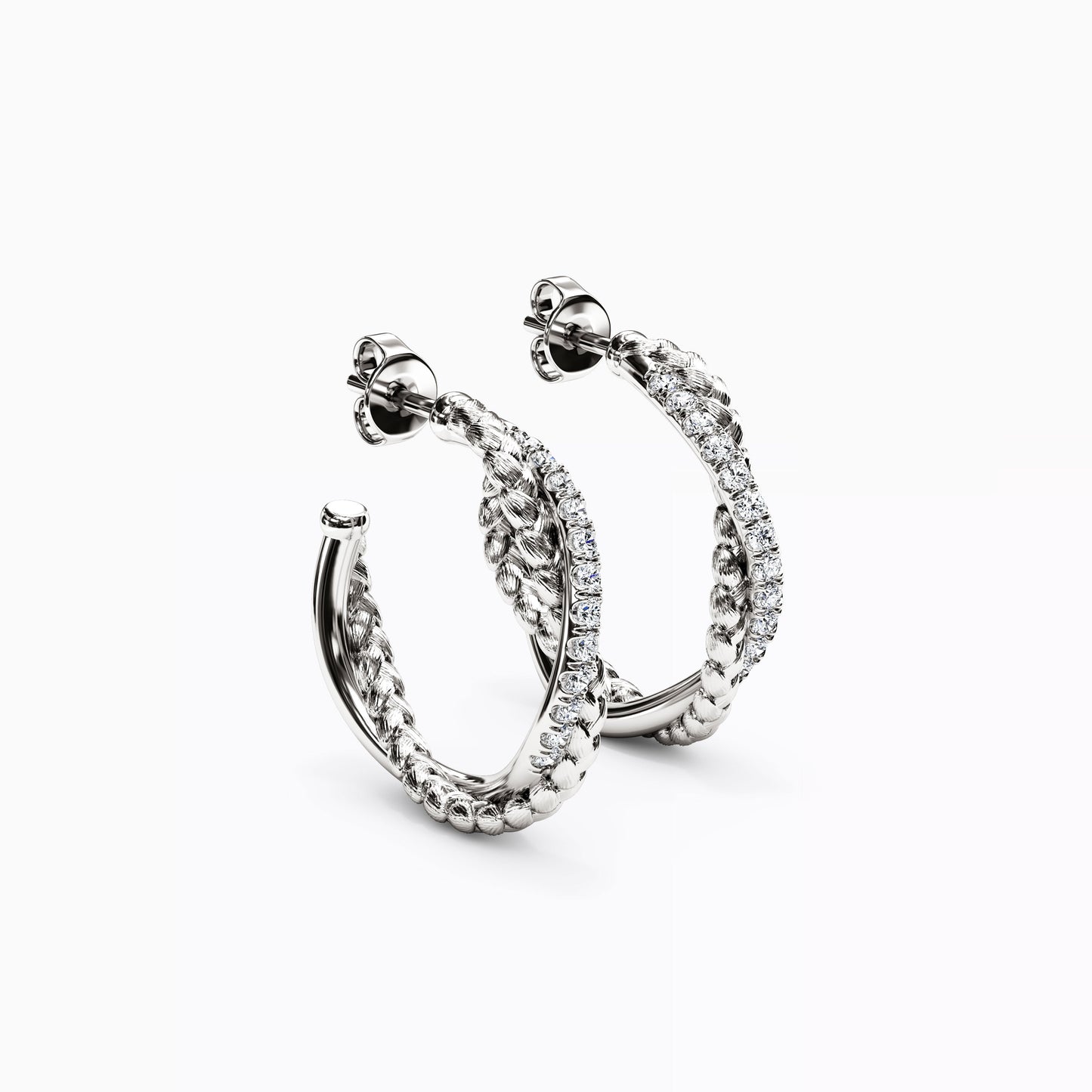 Diamond and Wheat Twist Hoop Earrings in 14K Gold