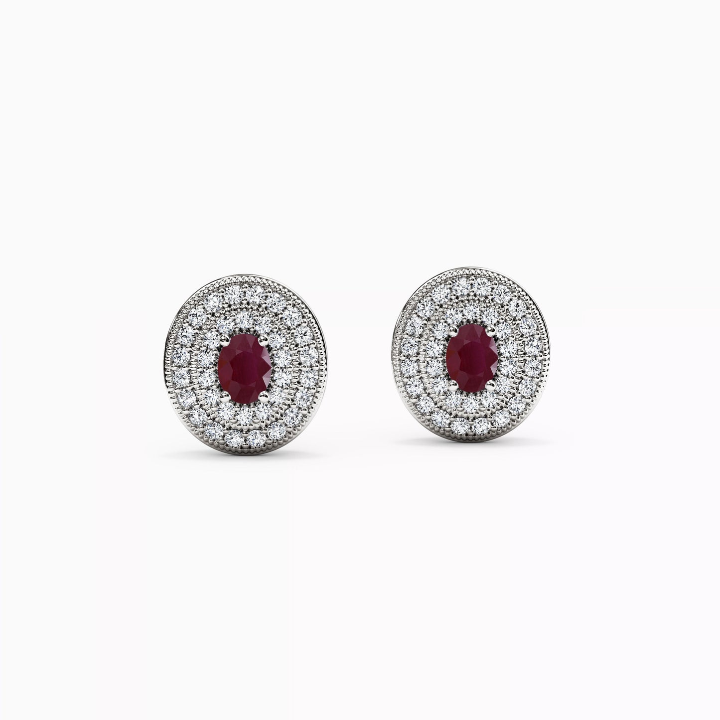 Ruby and Diamond Double Halo Stud Earrings in 14K Gold