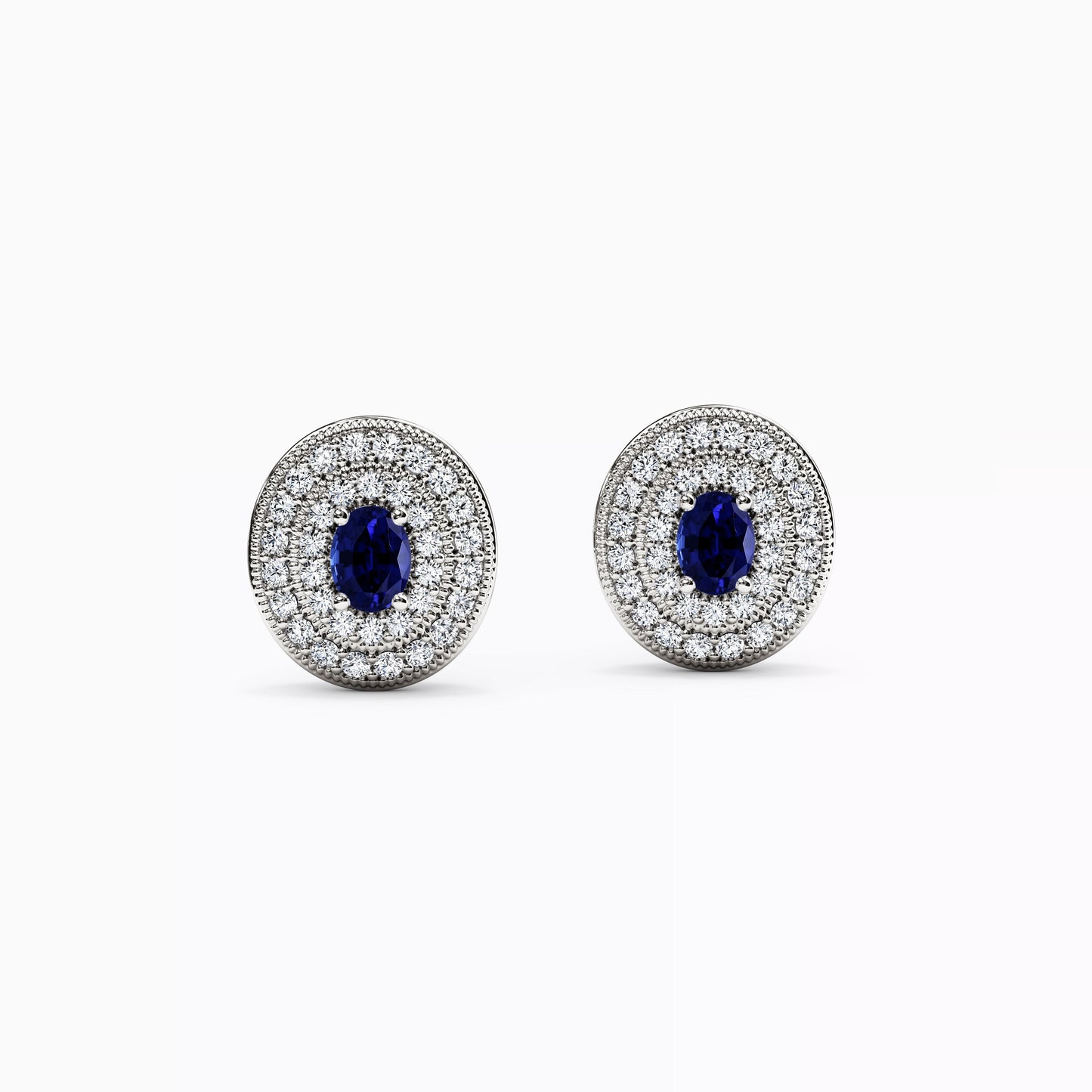 Sapphire and Diamond Double Halo Stud Earrings in 14K Gold