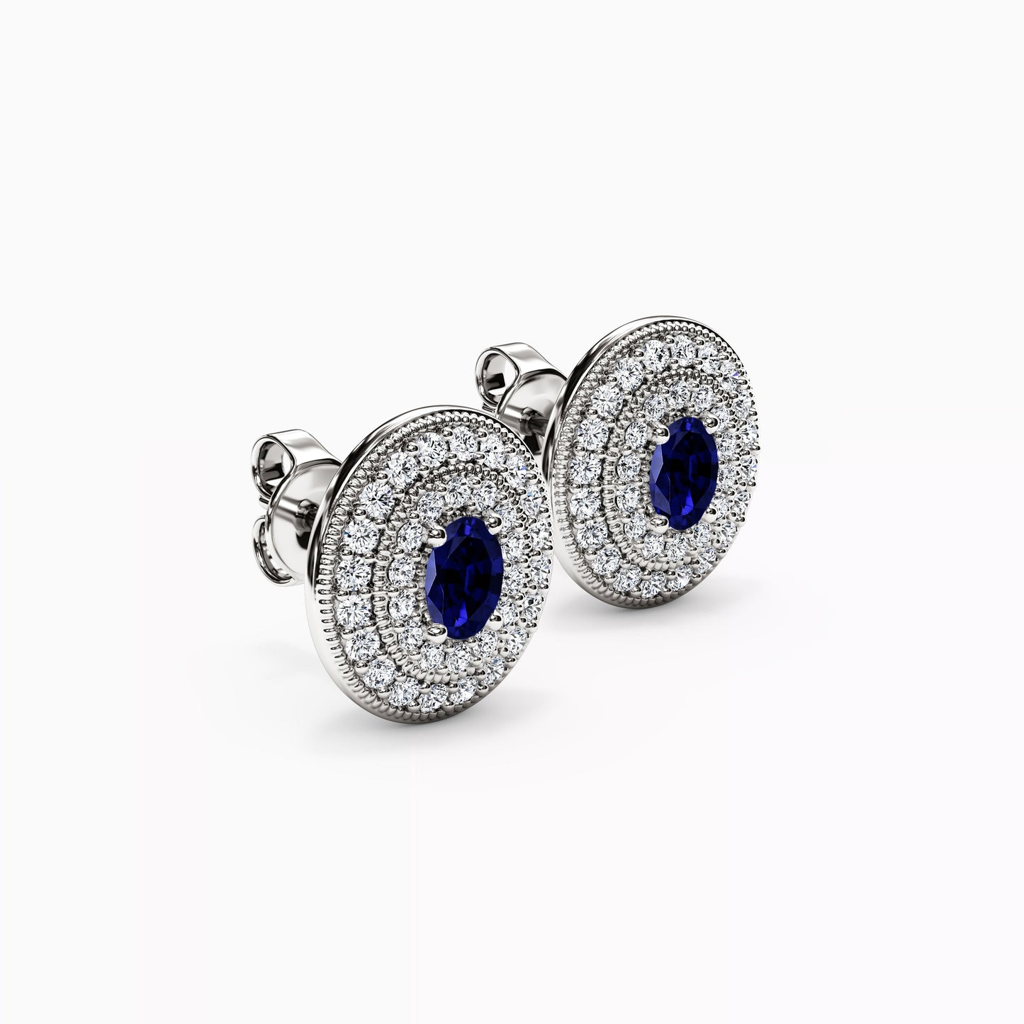 Sapphire and Diamond Double Halo Stud Earrings in 14K Gold