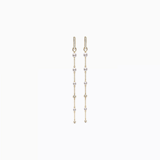 Fresh Water Graduated Pearl & Diamond Drop Hoop Earrings in 14K Gold