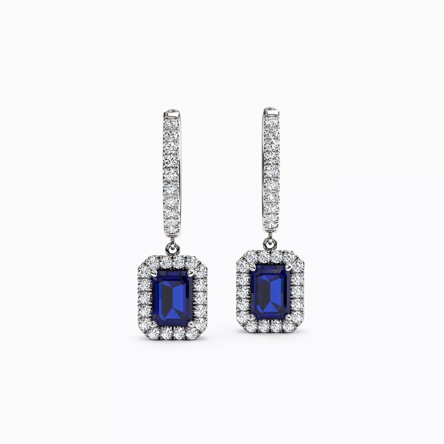 Emerald Cut Sapphire and Diamond Halo Hoop Earrings in 14K Gold