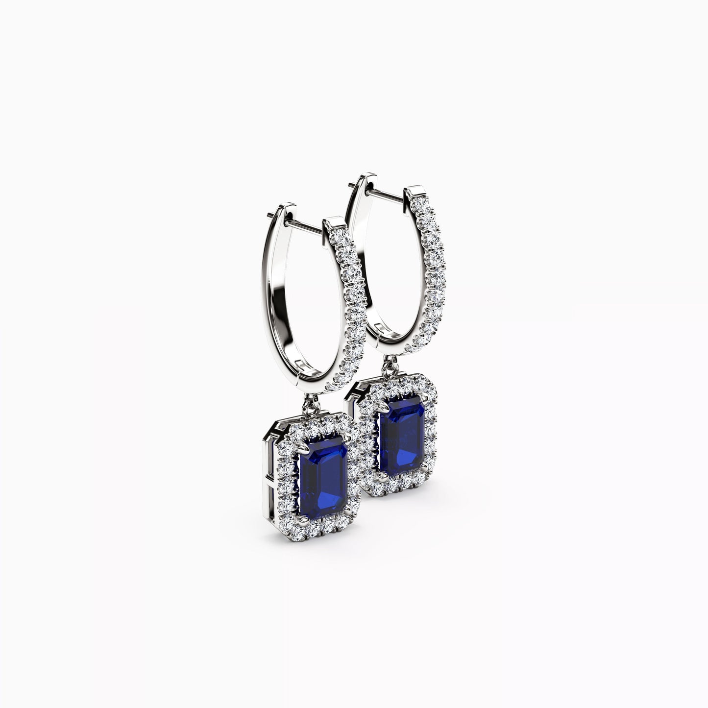 Emerald Cut Sapphire and Diamond Halo Hoop Earrings in 14K Gold