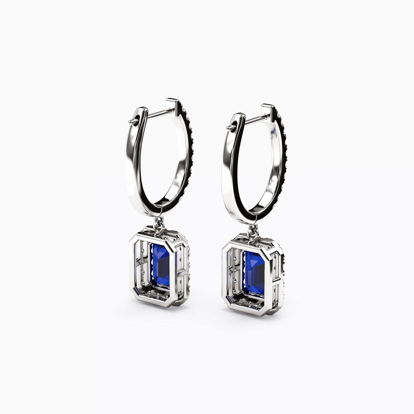 Emerald Cut Sapphire and Diamond Halo Hoop Earrings in 14K Gold