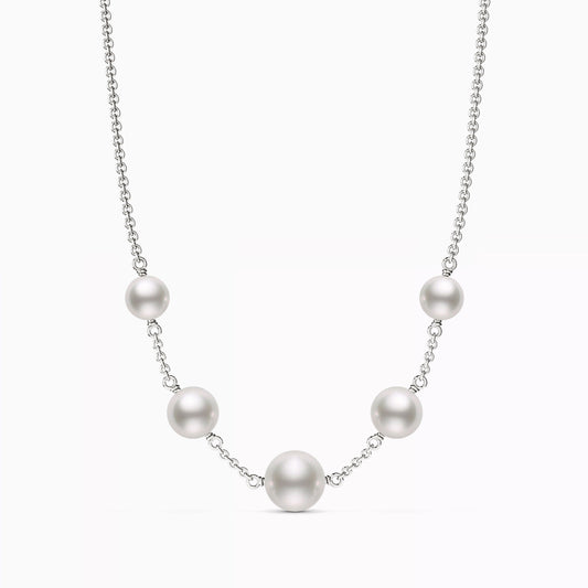 Akoya Cultured Pearl Station Necklace in 14K Gold