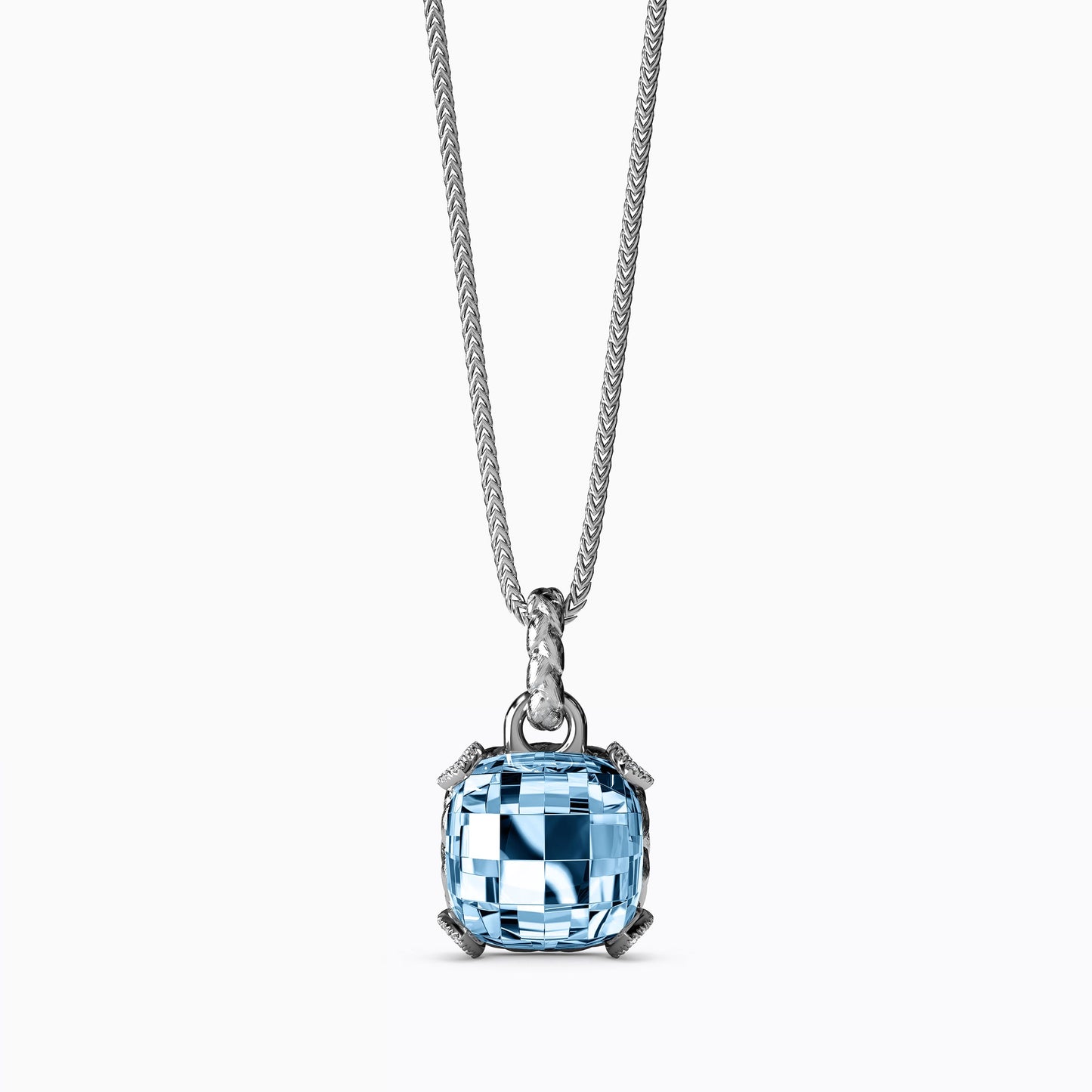 Swiss Blue Topaz Cushion Halo Pendant in Sterling Silver