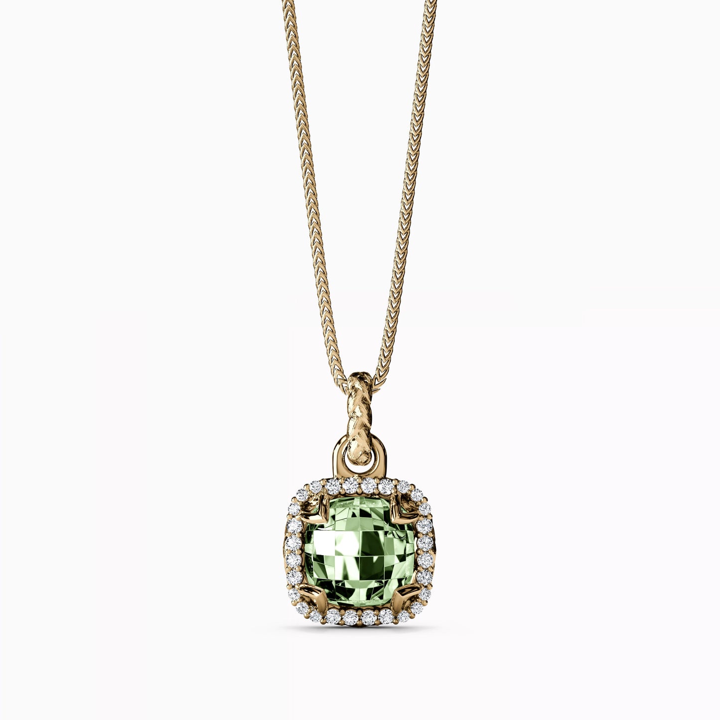 Diamond and Prasiolite Cushion Halo Pendant in 14K Gold