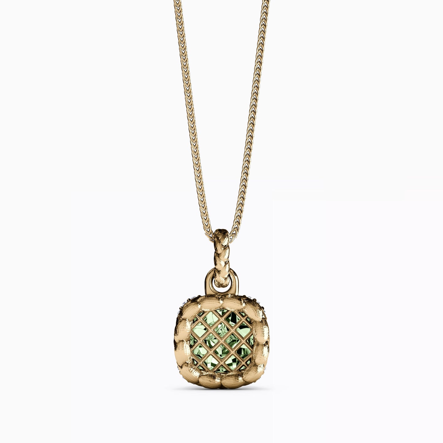 Diamond and Prasiolite Cushion Halo Pendant in 14K Gold