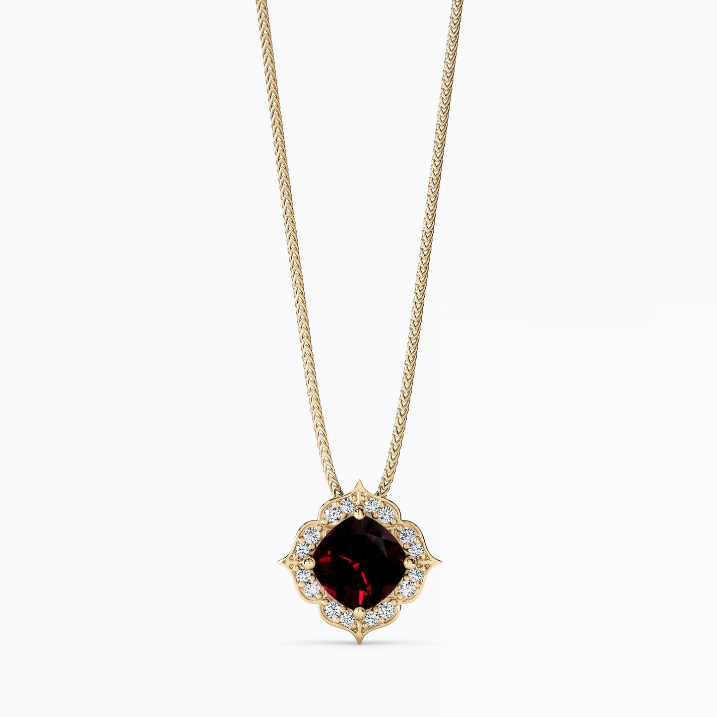 Rosette Garnet and Diamond Halo Pendant in 14K Gold