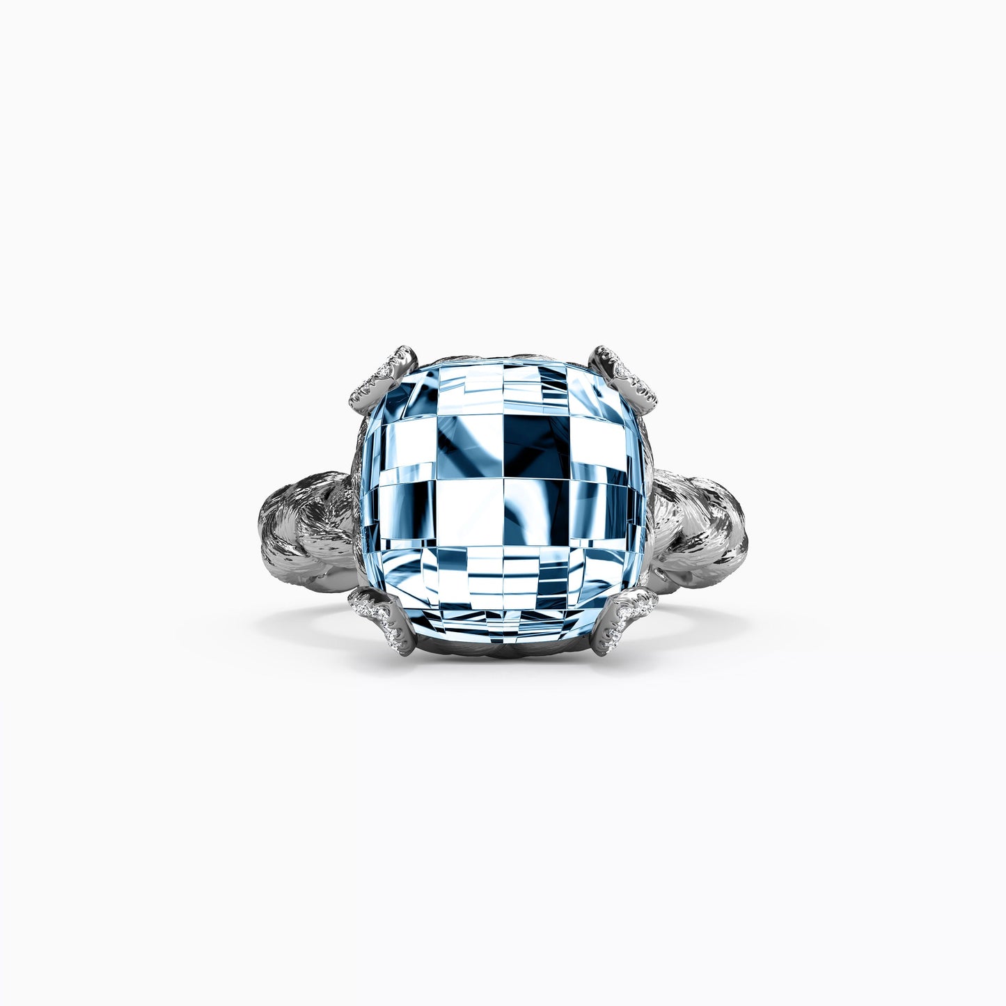 Swiss Blue Topaz Cushion Cut & Diamond Prong Ring in Sterling Silver