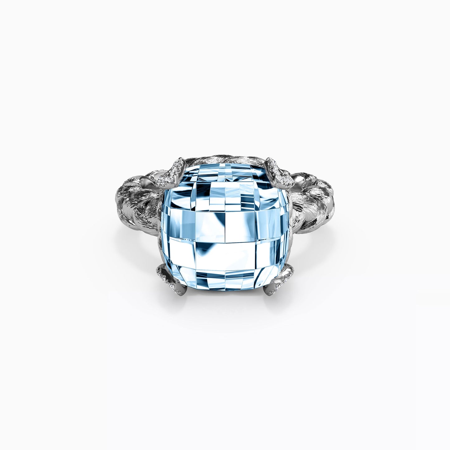 Swiss Blue Topaz Cushion Cut & Diamond Prong Ring in Sterling Silver