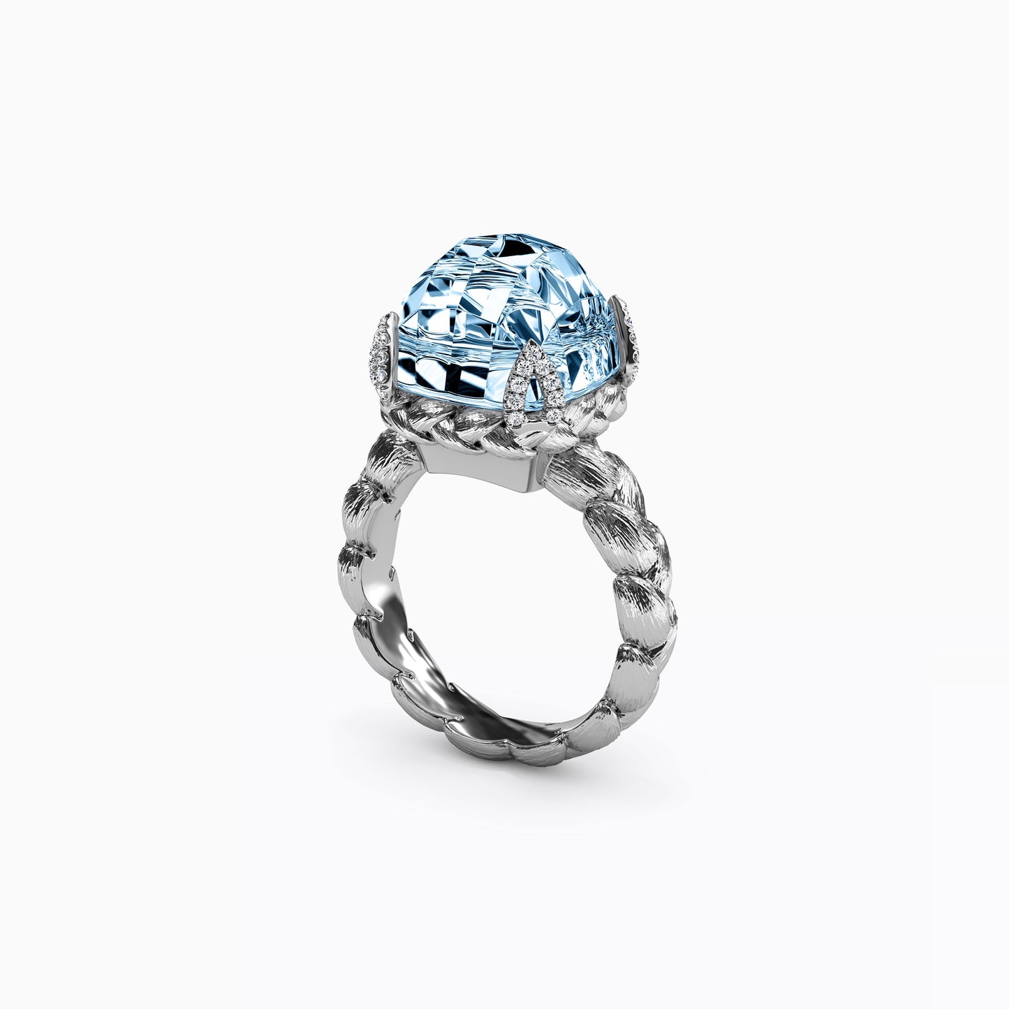 Swiss Blue Topaz Cushion Cut & Diamond Prong Ring in Sterling Silver